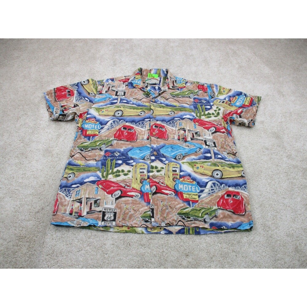 VINTAGE Paradise Found Hawaiian Shirt Mens Large L Corvette Route 66 Rayon Aloha